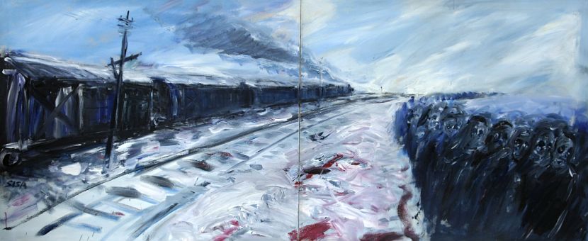 EXODUS - Fahrt in die Vernichtungslager, Öl auf Baumwolle, 110 x 260 cm